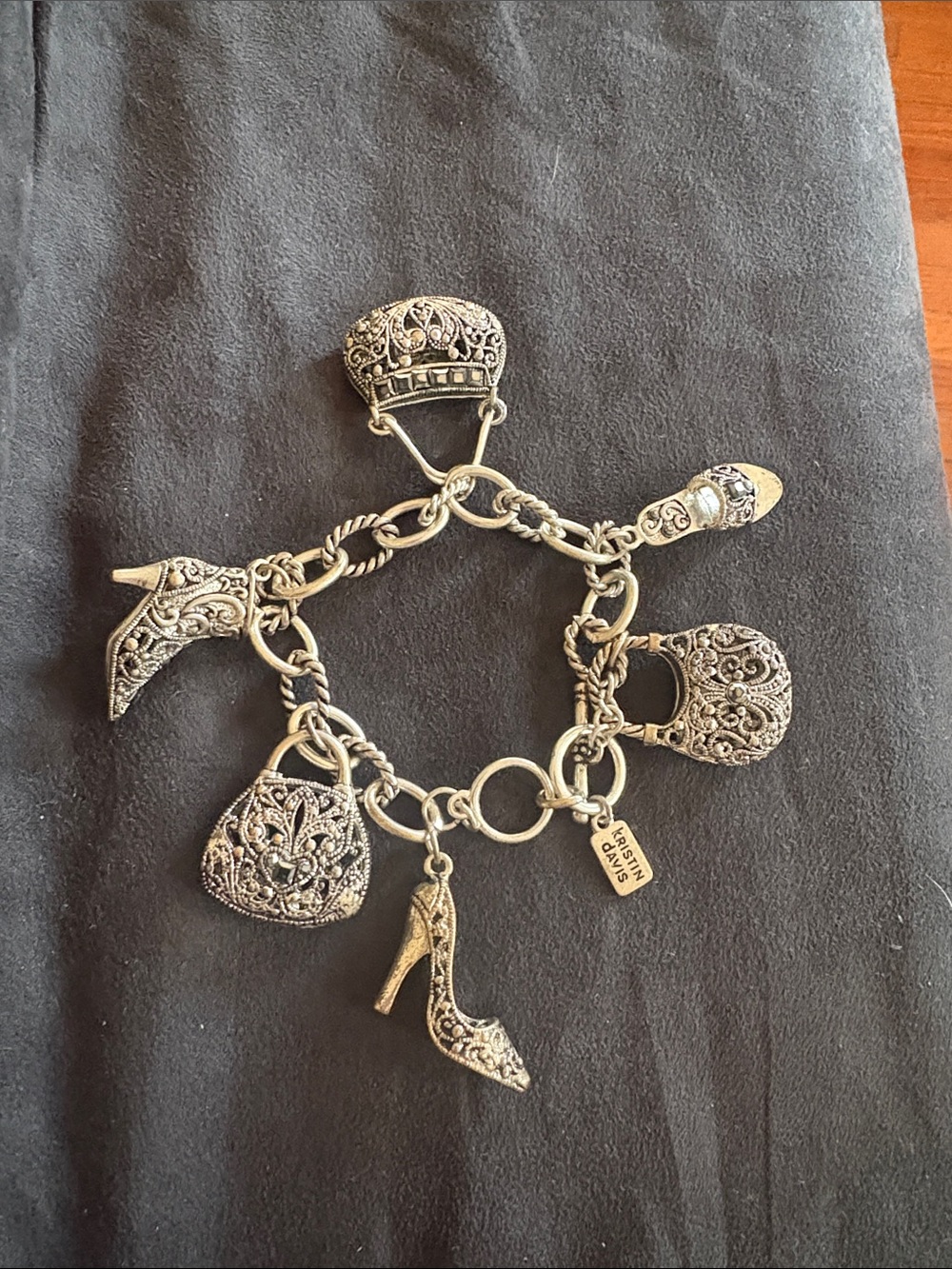 Ornate Silver-Tone Charm Bracelet with Shoe & Purse Charms